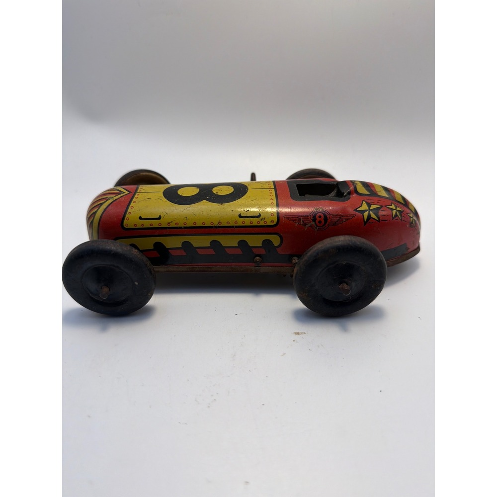 Vintage Lupor Metal Products Tin Litho Wind Up Race Car Number 8 Made in USA